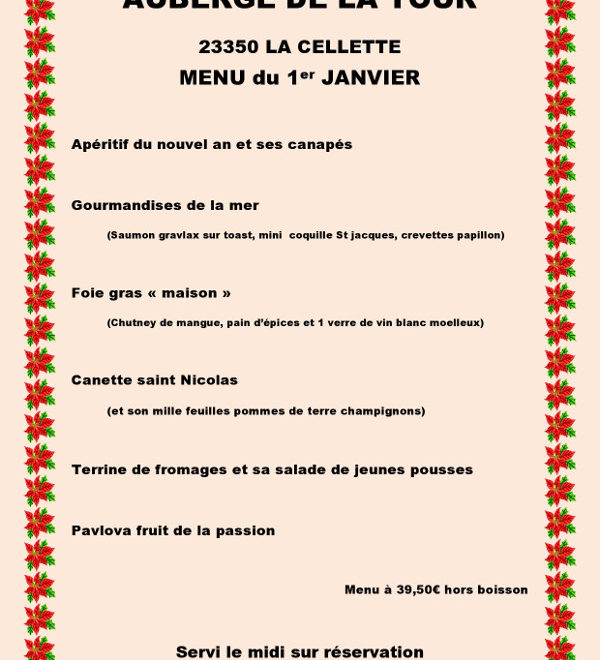 Auberge de la tour - Menu du 1er janvier 2019