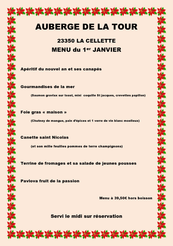 Auberge de la tour - Menu du 1er janvier 2019